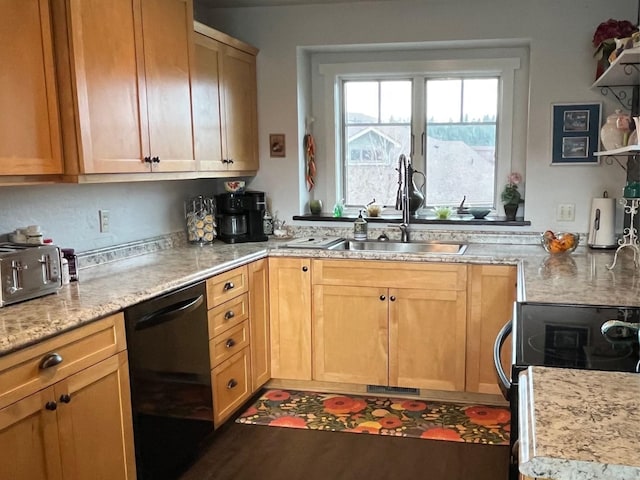 kitchen with a toaster, wood finished floors, a sink, electric stove, and dishwasher