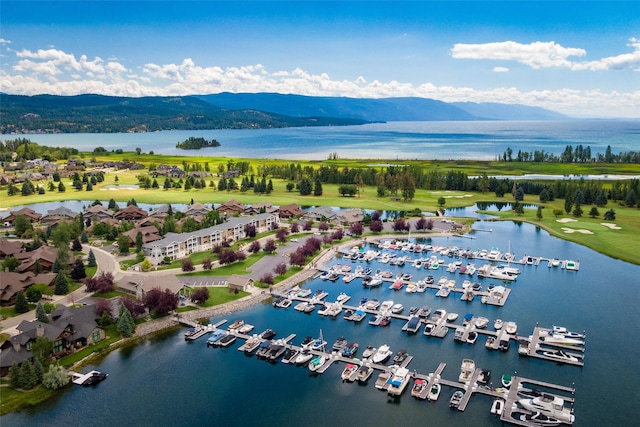 drone / aerial view with a water and mountain view