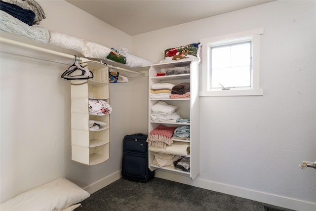 walk in closet with dark colored carpet