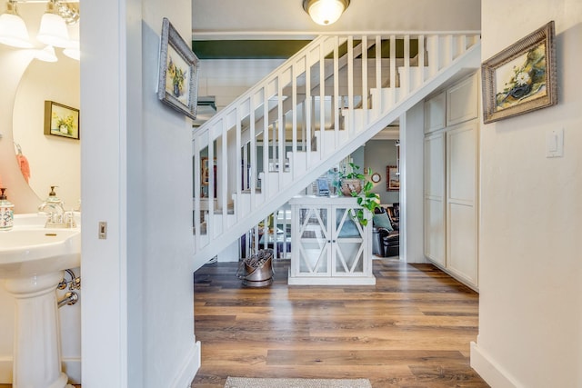 stairway featuring wood finished floors