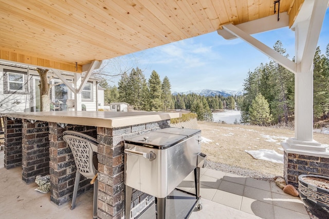 view of patio / terrace featuring a mountain view and outdoor dry bar