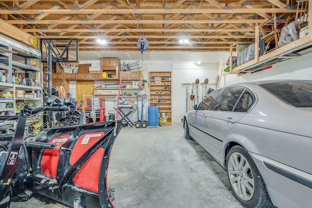 garage with a workshop area