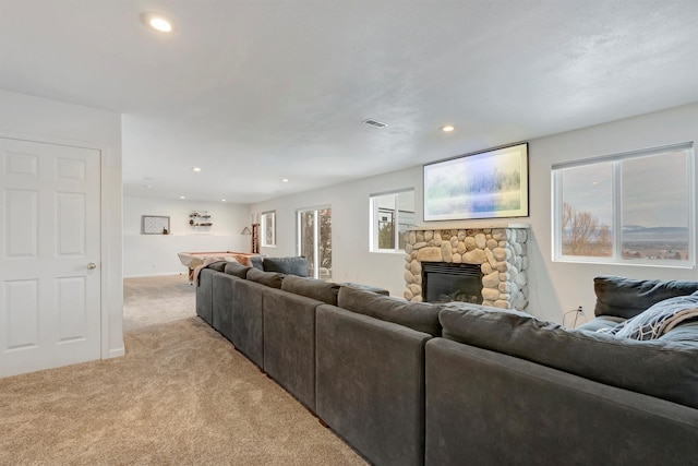 living area featuring recessed lighting, light carpet, pool table, a fireplace, and visible vents