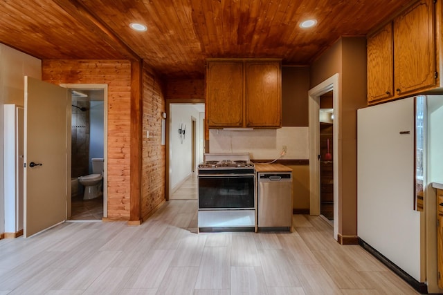 13195 US Highway 91 N, Conrad, MT 59425 - kitchen featuring freestanding refrigerator, range, dishwasher, wooden ceiling, and brown cabinets