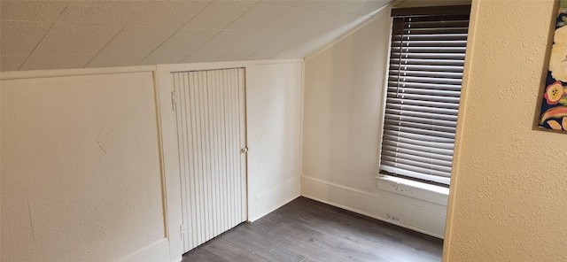 additional living space featuring a textured wall, vaulted ceiling, and wood finished floors