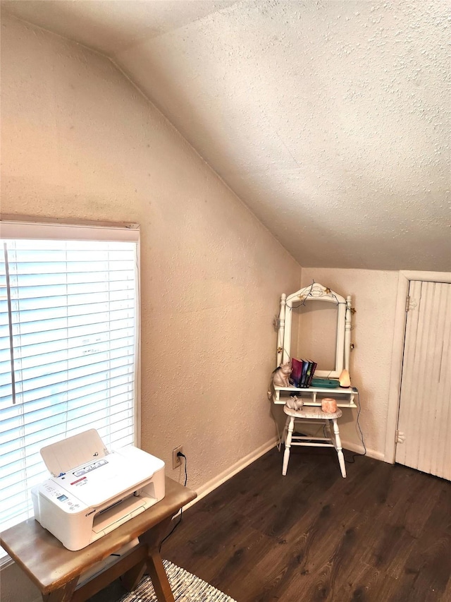 office space with lofted ceiling, a textured wall, a textured ceiling, dark wood-style flooring, and baseboards