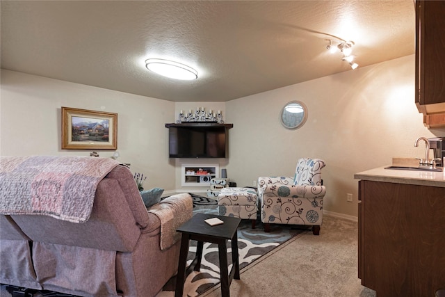 living room with carpet floors, baseboards, and a textured ceiling