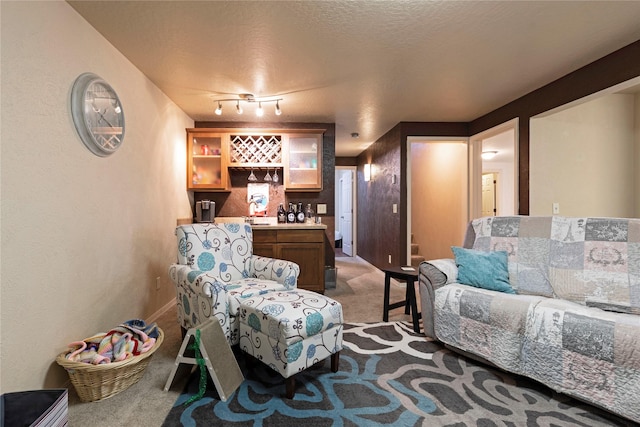 living area with a bar, a textured ceiling, and light colored carpet