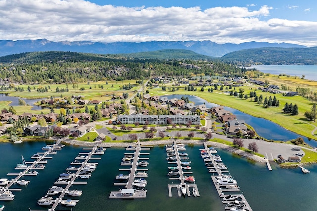 bird's eye view with a water and mountain view