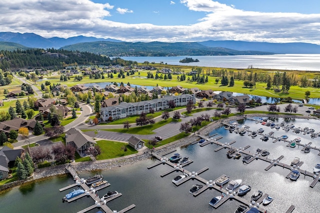 drone / aerial view featuring a water and mountain view