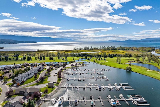 bird's eye view featuring a water and mountain view