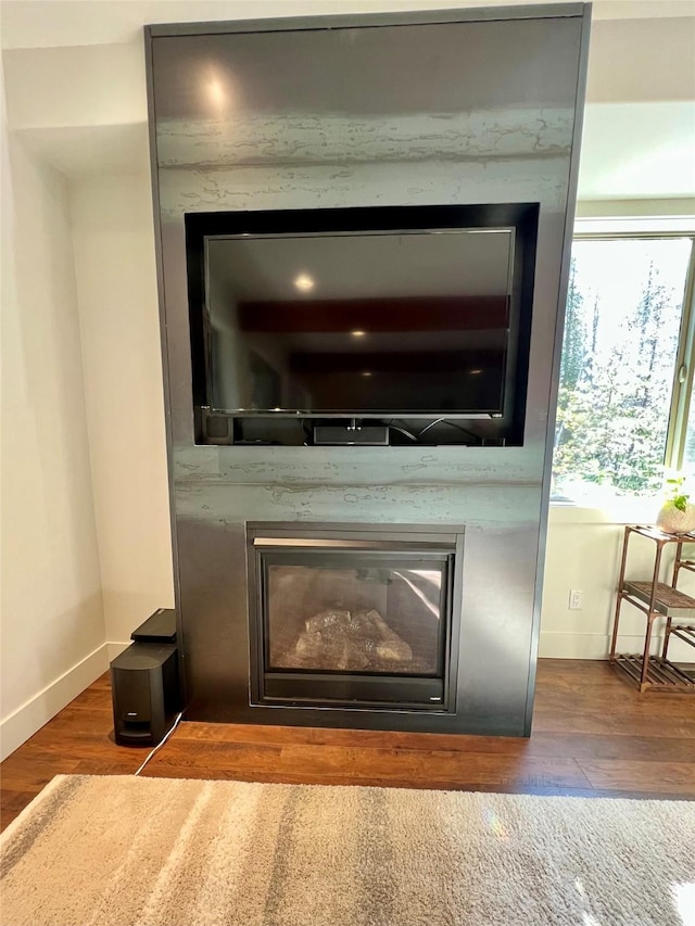 room details with wood finished floors, a glass covered fireplace, and baseboards