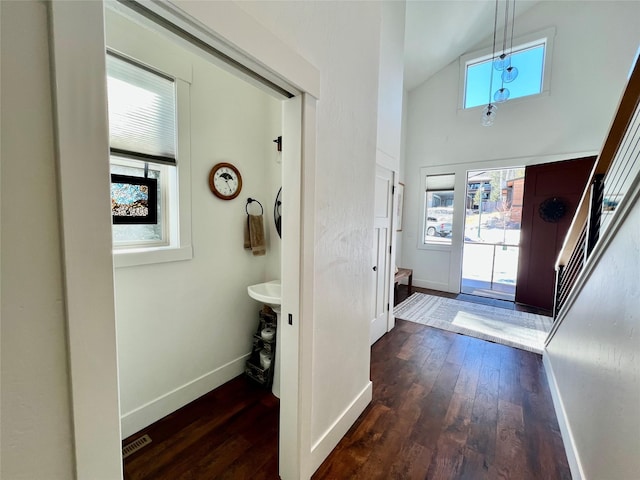 foyer entrance with dark wood-type flooring, lofted ceiling, plenty of natural light, and baseboards