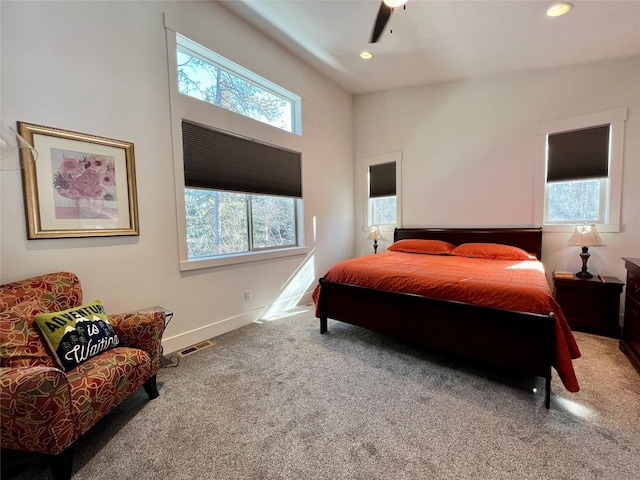 bedroom with carpet, recessed lighting, visible vents, ceiling fan, and baseboards