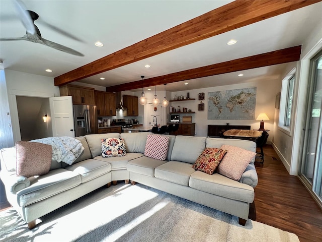 living room with beam ceiling, baseboards, dark wood-type flooring, and recessed lighting