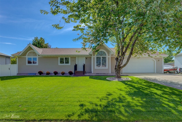 ranch-style house with driveway, entry steps, an attached garage, fence, and a front yard