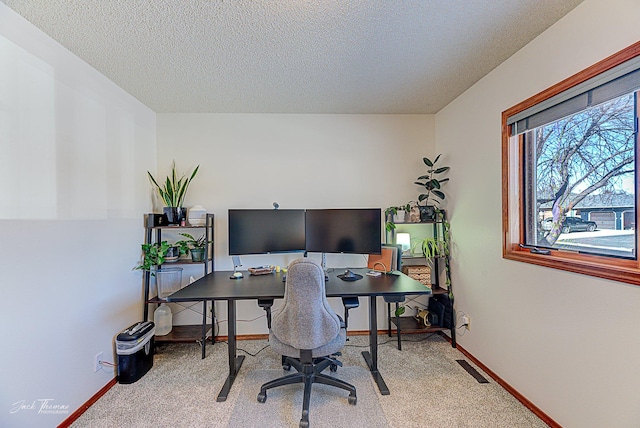 office featuring baseboards, a textured ceiling, and light colored carpet