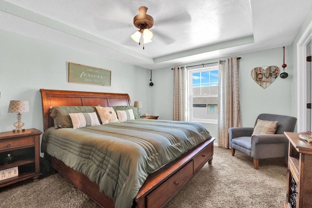 bedroom featuring a raised ceiling, a ceiling fan, and light colored carpet