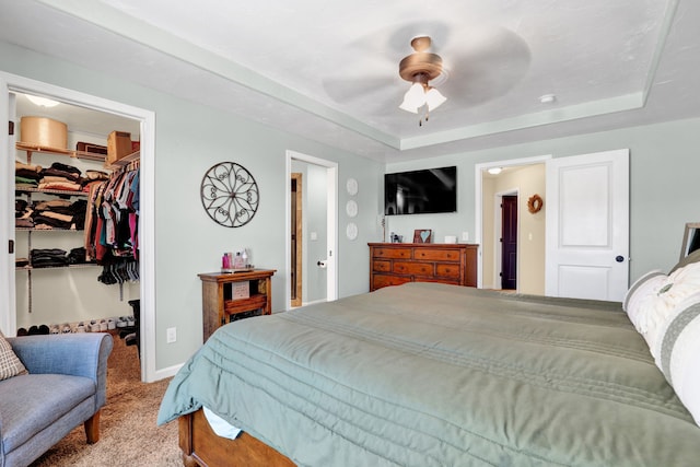 bedroom with ceiling fan, a spacious closet, a closet, a tray ceiling, and carpet