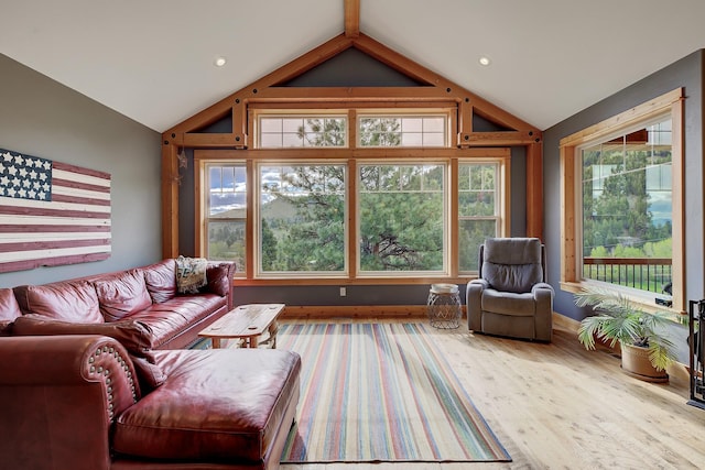 living area with vaulted ceiling, plenty of natural light, wood finished floors, and baseboards