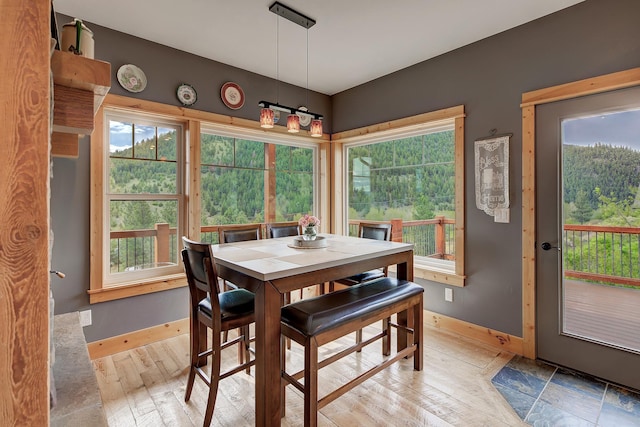 dining room with light wood finished floors, baseboards, and a view of trees