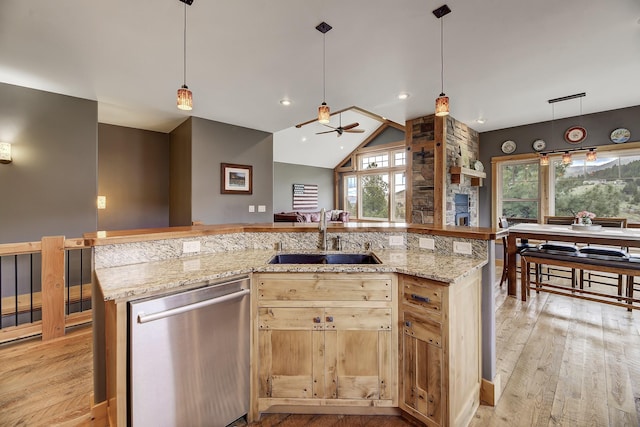 kitchen with plenty of natural light, dishwasher, light wood finished floors, and a sink