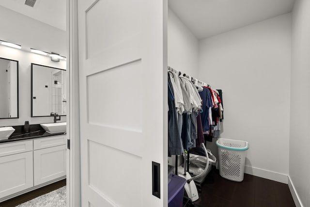 spacious closet with a sink and dark wood finished floors