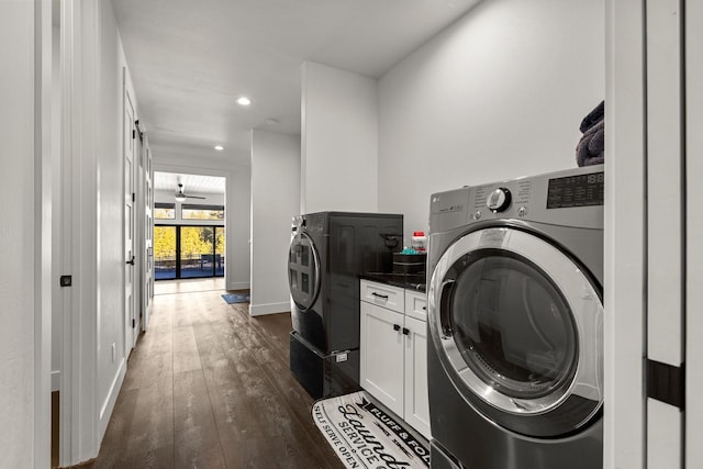 laundry room featuring recessed lighting, laundry area, dark wood-type flooring, baseboards, and washer and dryer