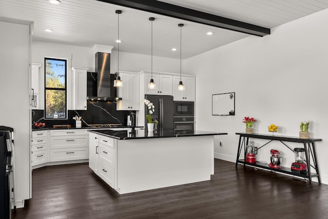 kitchen featuring wall chimney range hood, backsplash, dark wood-style floors, black appliances, and dark countertops