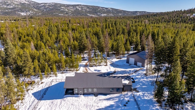 drone / aerial view featuring a forest view and a mountain view