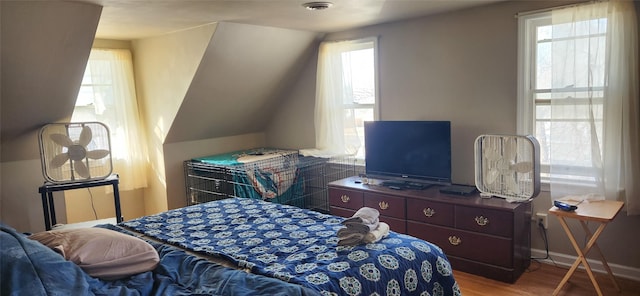 bedroom with multiple windows, baseboards, and wood finished floors