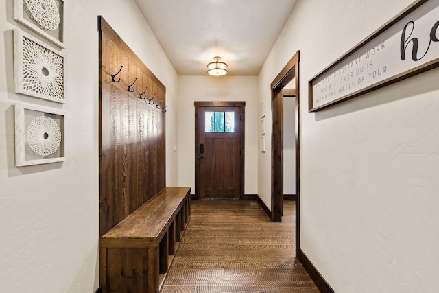 mudroom with dark wood-type flooring and baseboards