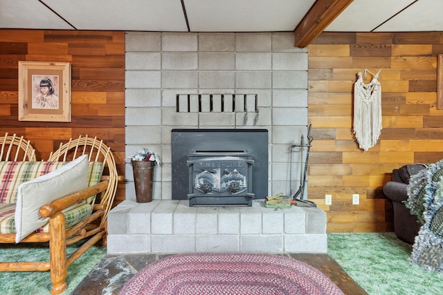 living room with wood walls