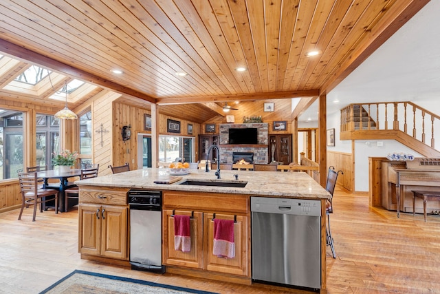 kitchen with wooden walls, wooden ceiling, stainless steel dishwasher, a sink, and open floor plan