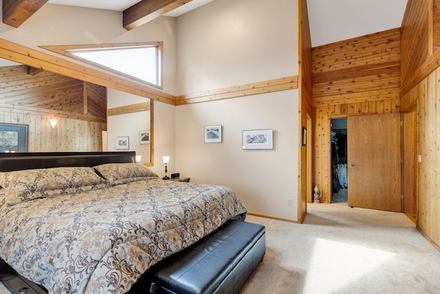 297 Christofferson Ln, Corvallis, MT 59828 - carpeted bedroom with wooden walls, high vaulted ceiling, and beam ceiling