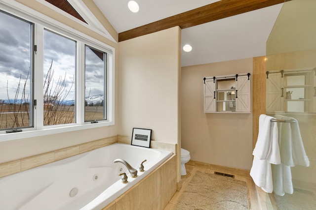297 Christofferson Ln, Corvallis, MT 59828 - bathroom featuring vaulted ceiling, a tub with jets, toilet, walk in shower, and tile patterned flooring