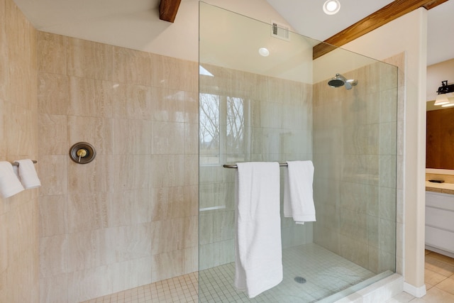 297 Christofferson Ln, Corvallis, MT 59828 - full bathroom with a walk in shower, vaulted ceiling, and tile patterned flooring