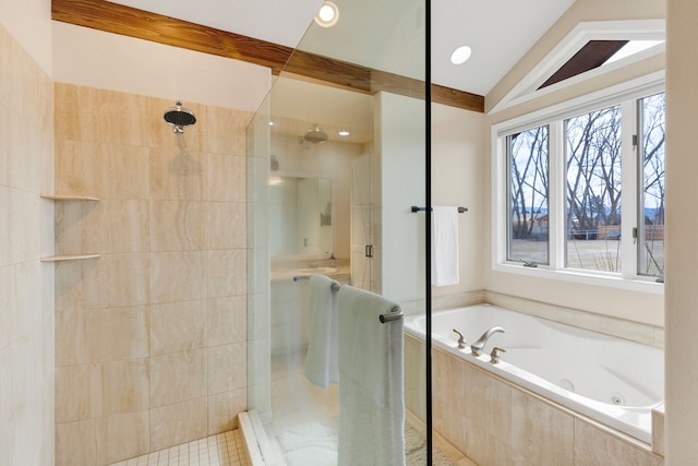 297 Christofferson Ln, Corvallis, MT 59828 - bathroom with a whirlpool tub, a stall shower, and lofted ceiling