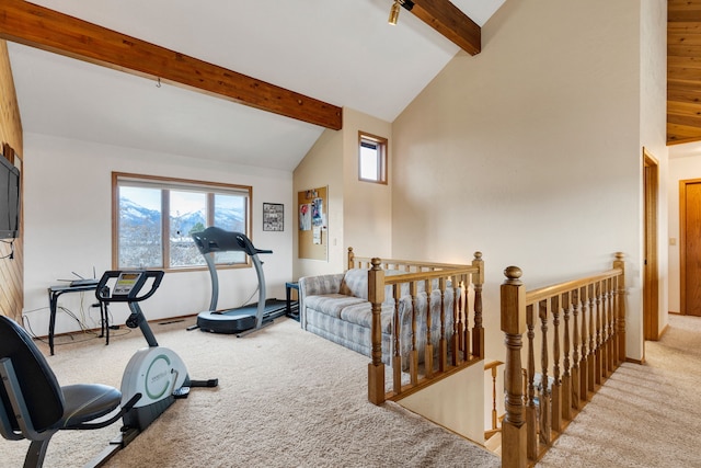 workout area with high vaulted ceiling and carpet