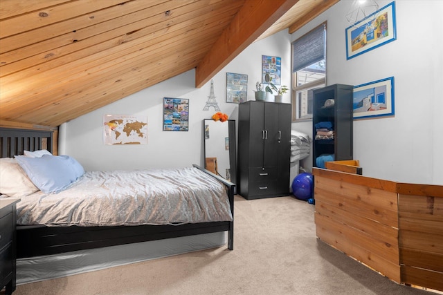 bedroom featuring carpet floors, wooden ceiling, and lofted ceiling with beams