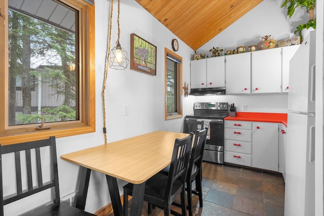 kitchen with wooden ceiling, under cabinet range hood, white cabinetry, stainless steel range with electric cooktop, and freestanding refrigerator