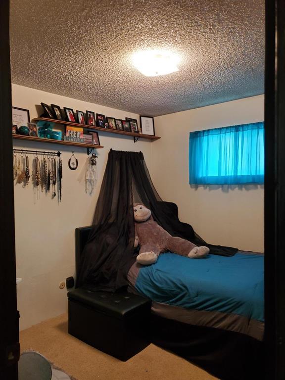 bedroom with carpet floors and a textured ceiling