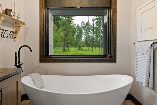 bathroom with a soaking tub and vanity