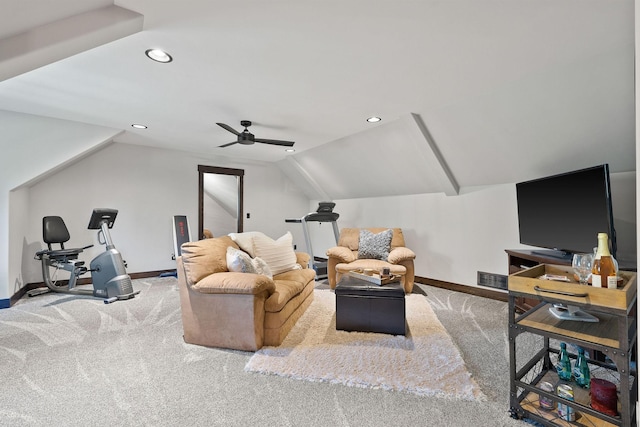 interior space with carpet, lofted ceiling, visible vents, ceiling fan, and baseboards