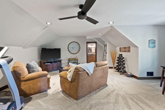 living room with lofted ceiling, recessed lighting, carpet flooring, ceiling fan, and baseboards