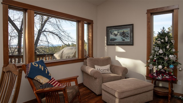 sitting room with dark wood-type flooring and a healthy amount of sunlight