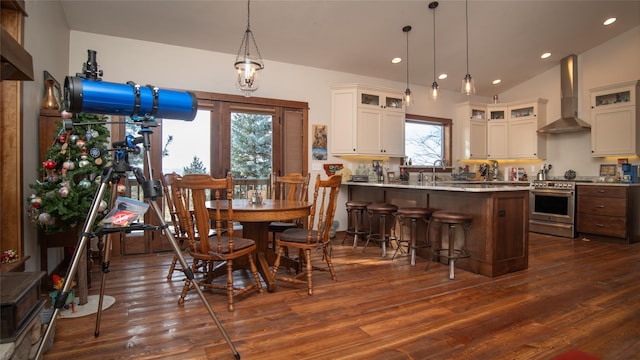 interior space featuring lofted ceiling, a wealth of natural light, wall chimney range hood, and stainless steel electric range