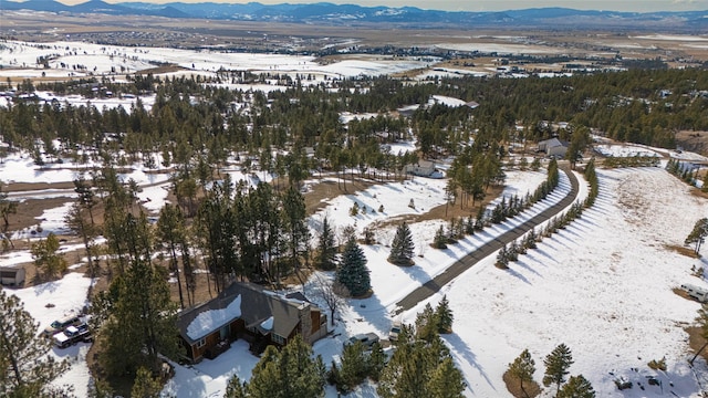 snowy aerial view with a mountain view