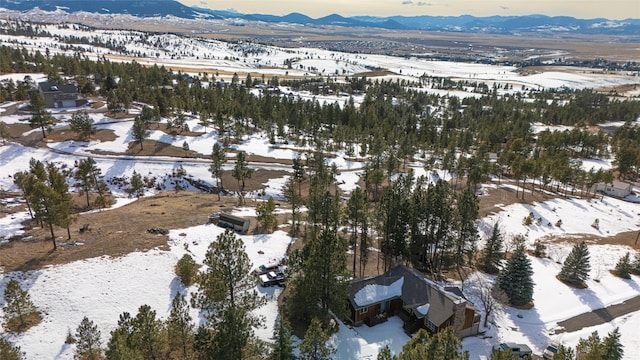 snowy aerial view with a mountain view