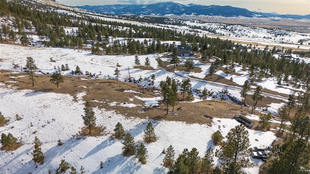 snowy aerial view with a mountain view